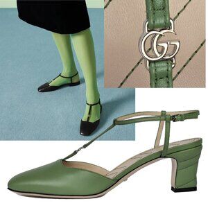 GUCCI SHOES T-STRAP GREEN LEATHER DOUBLE G LOGO SLINGBACK PUMPS 40 10